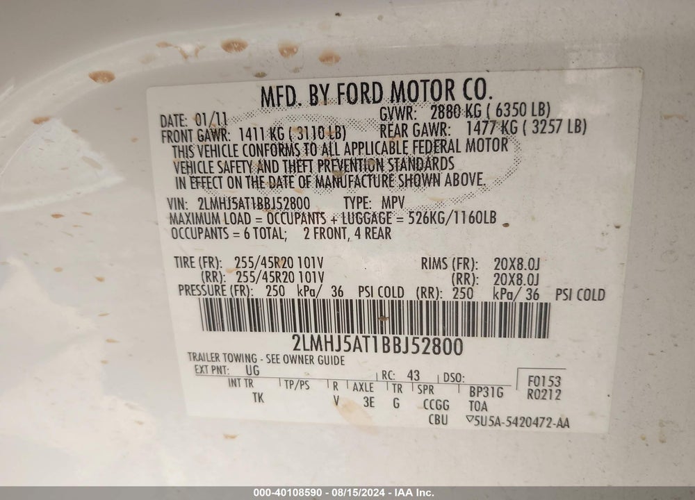 2011 LINCOLN MKT ECOBOOST VIN: 2LMHJ5AT1BBJ52800
