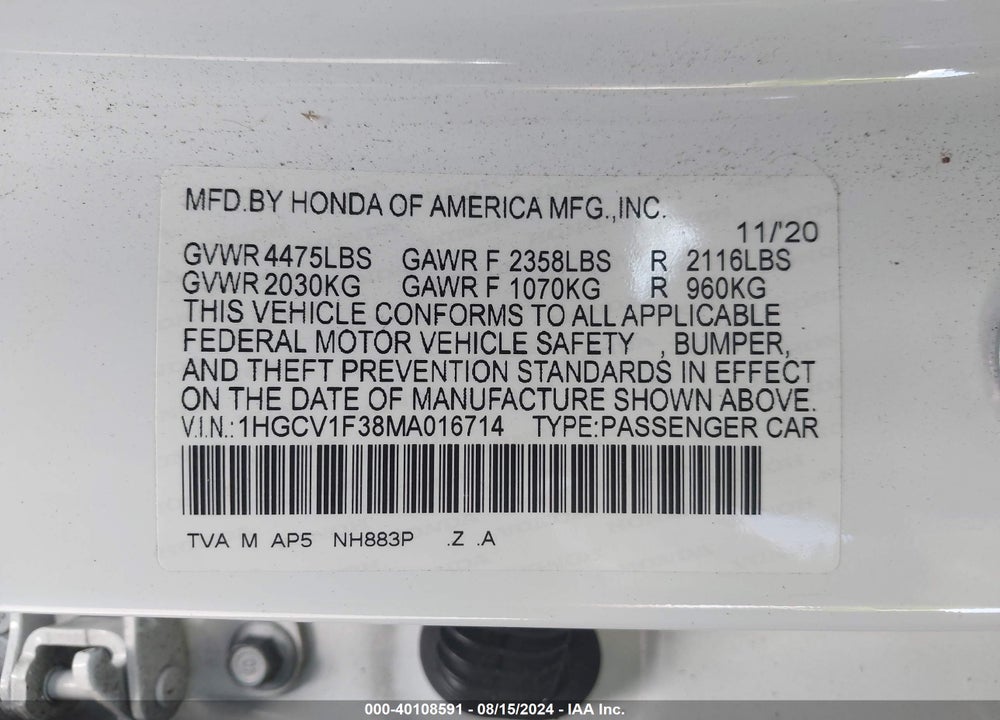 2021 HONDA ACCORD SPORT VIN: 1HGCV1F38MA016714