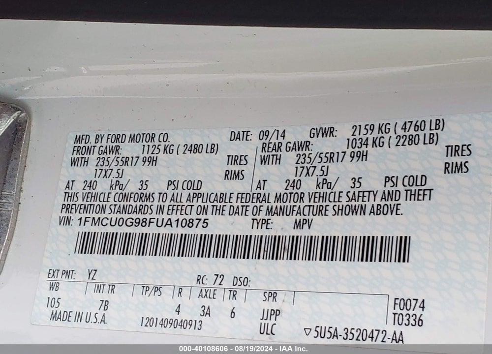 2015 FORD ESCAPE SE VIN: 1FMCU0G98FUA10875