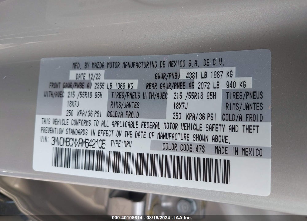 2024 MAZDA CX-30 2.5 S PREFERRED PACKAGE VIN: 3MVDMBCMXRM642105