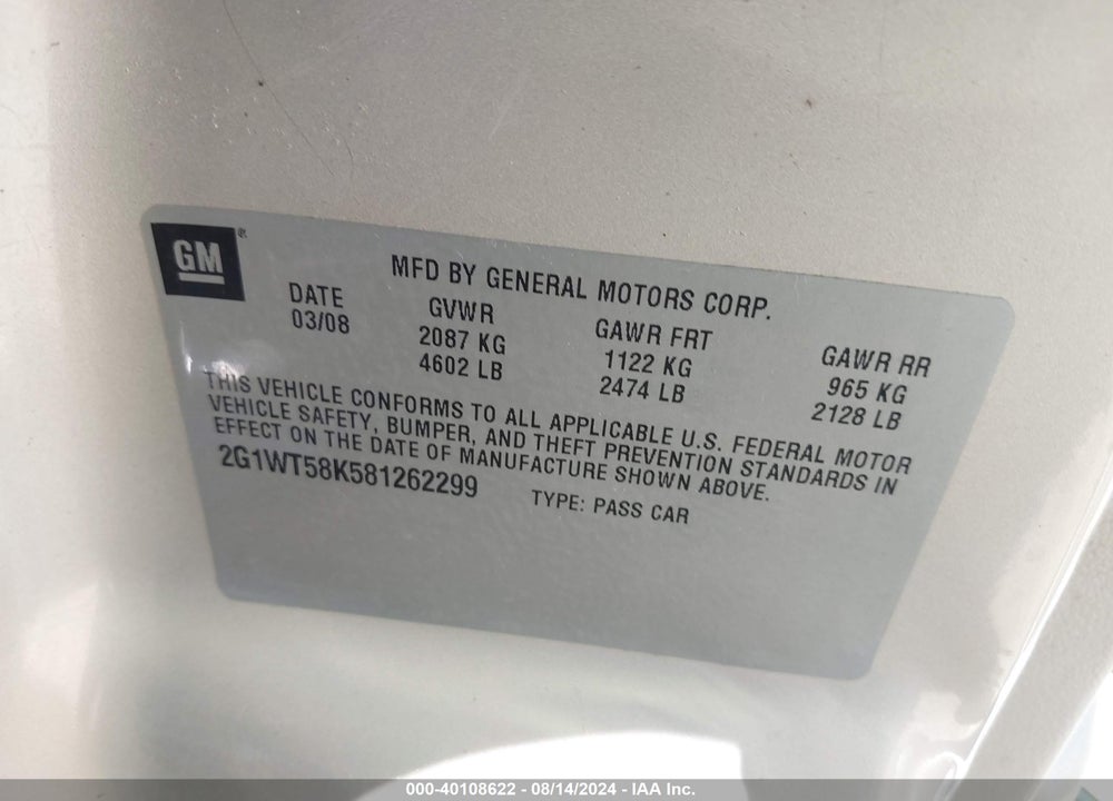 2008 CHEVROLET IMPALA LT VIN: 2G1WT58K581262299