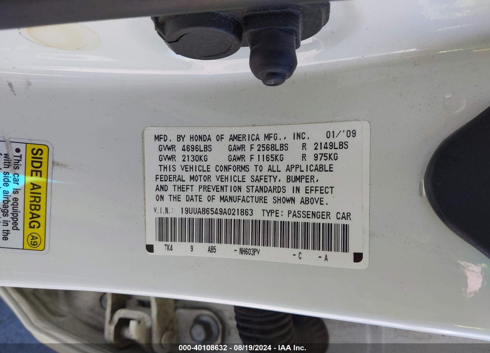 2009 ACURA TL 3.5 VIN: 19UUA86549A021863