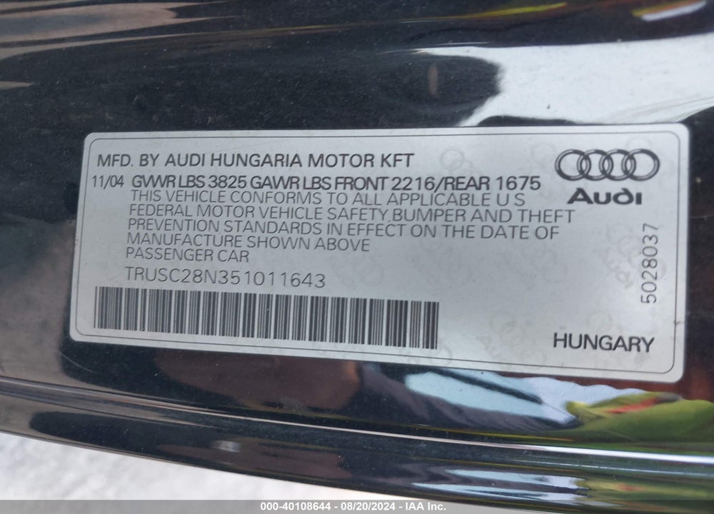 2005 AUDI TT 1.8L VIN: TRUSC28N351011643