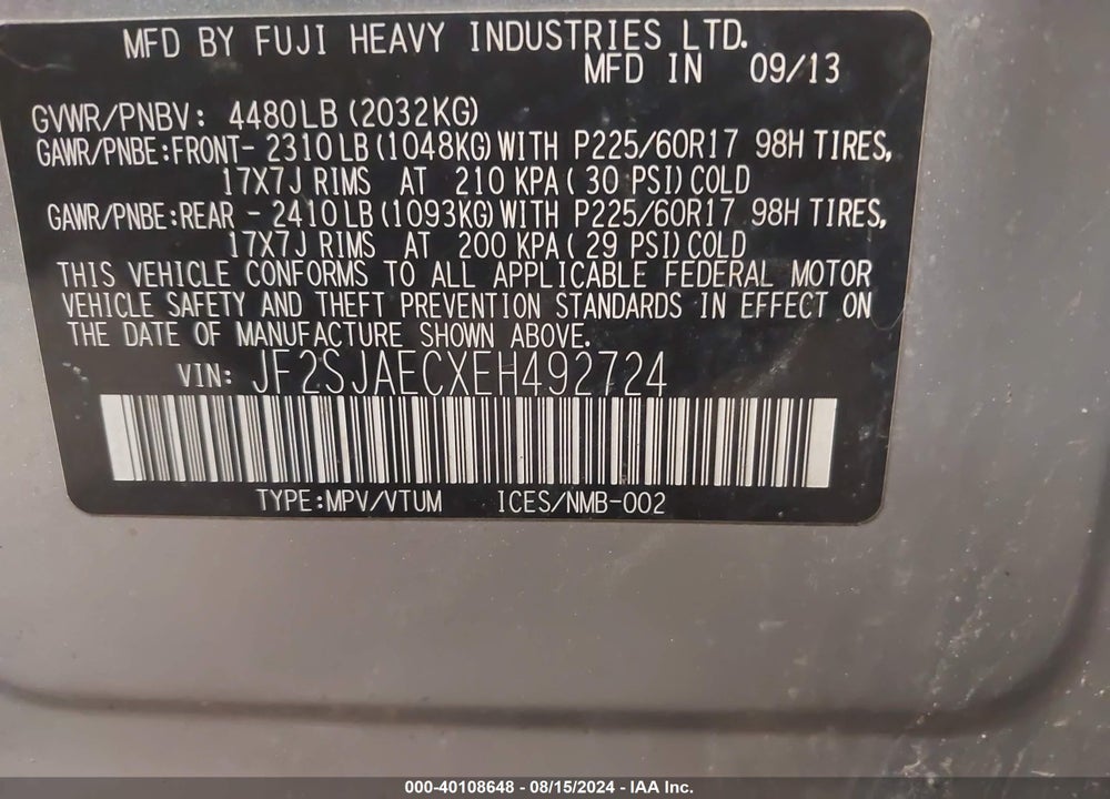 2014 SUBARU FORESTER 2.5I PREMIUM VIN: JF2SJAECXEH492724