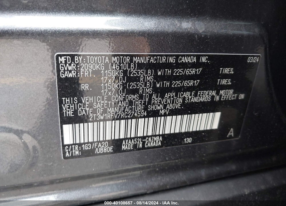 2024 TOYOTA RAV4 XLE VIN: 2T3W1RFV7RC274594