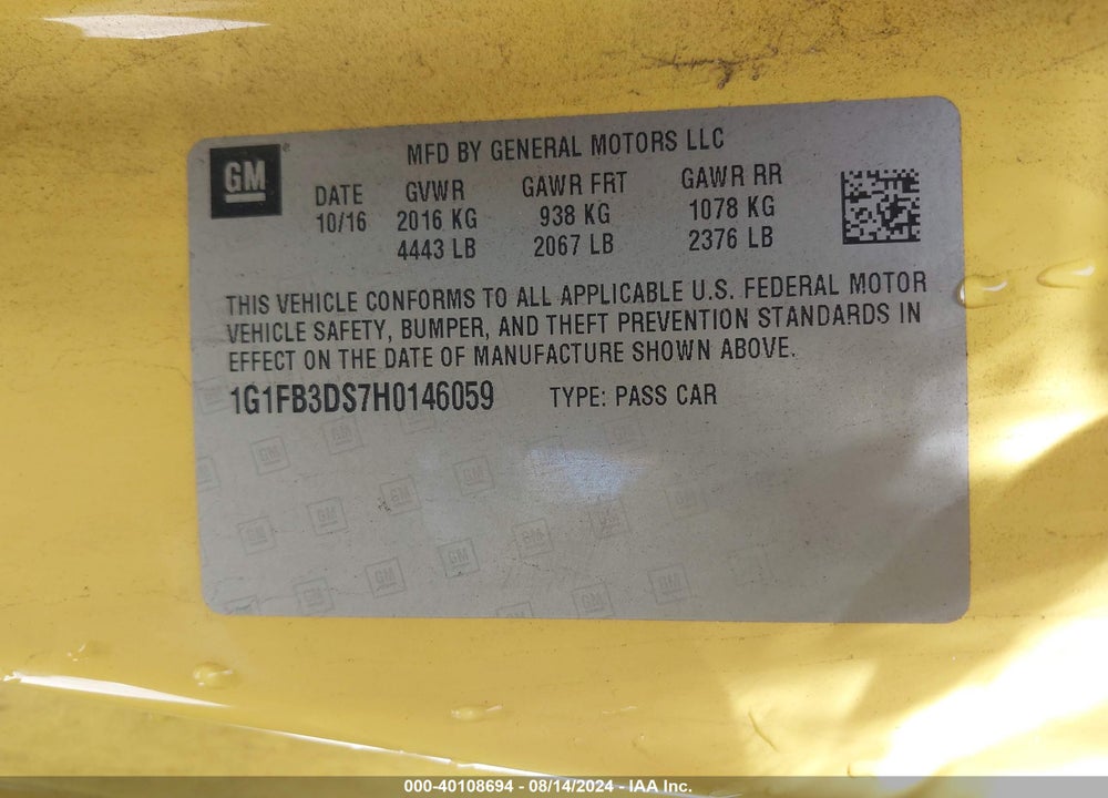 2017 CHEVROLET CAMARO 1LT VIN: 1G1FB3DS7H0146059