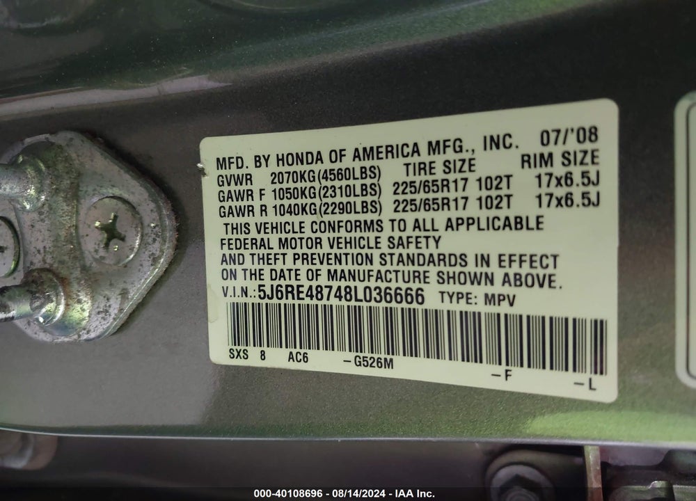 2008 HONDA CR-V EX-L VIN: 5J6RE48748L036666