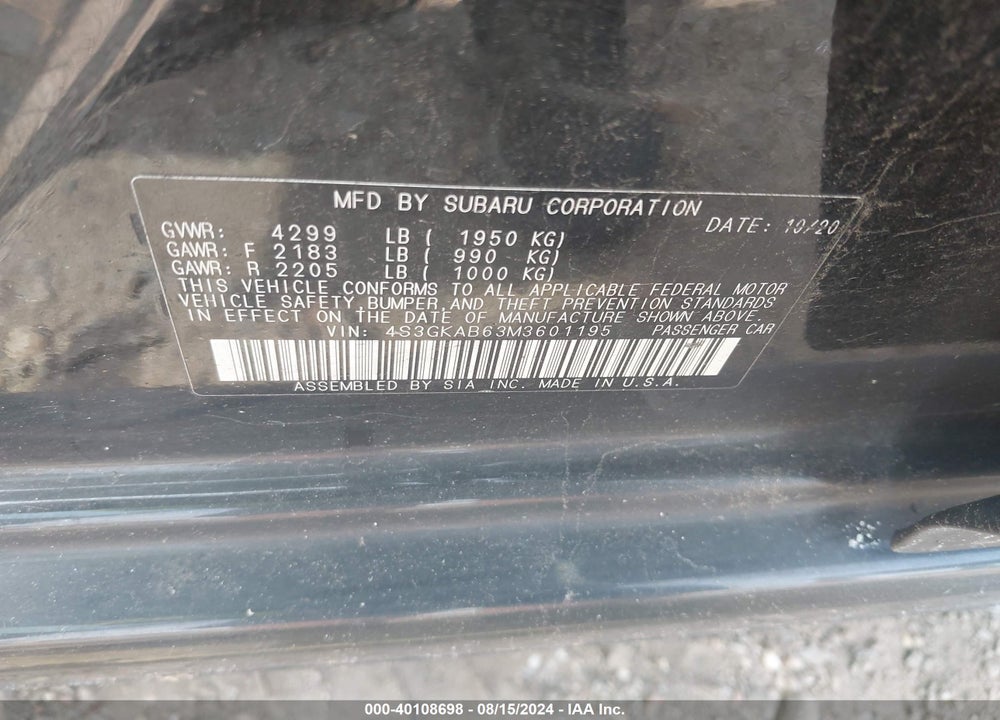 2021 SUBARU IMPREZA SEDAN VIN: 4S3GKAB63M3601195