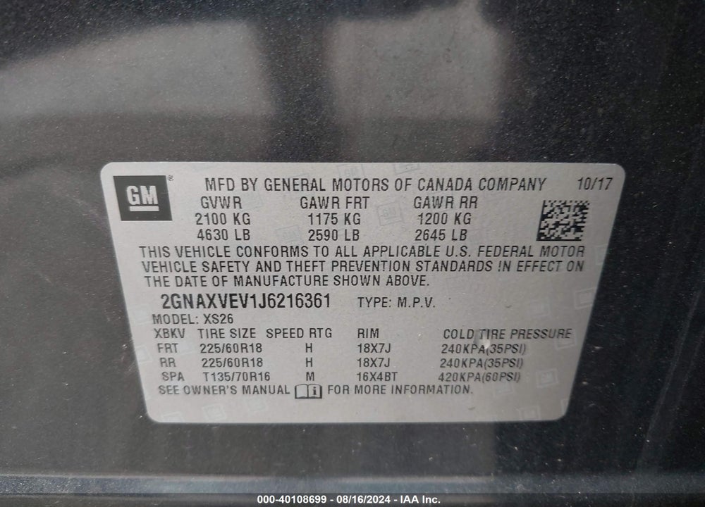 2018 CHEVROLET EQUINOX PREMIER VIN: 2GNAXVEV1J6216361