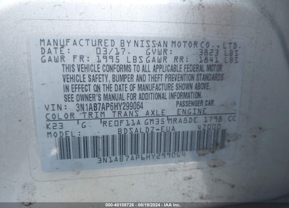 2017 NISSAN SENTRA SV VIN: 3N1AB7AP6HY299064