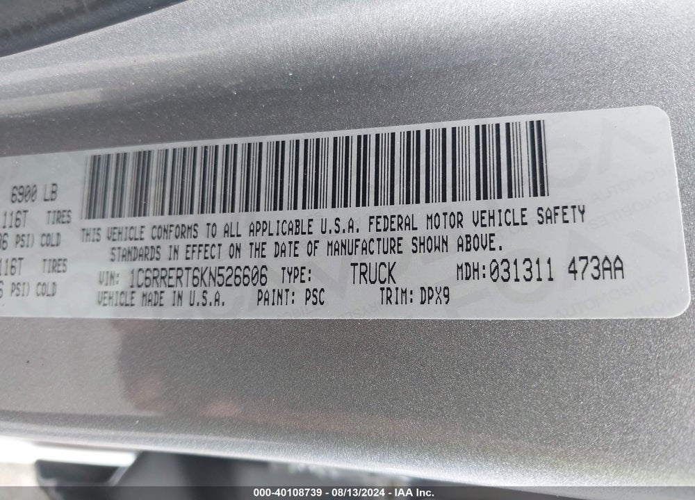 2019 RAM 1500 VIN: 1C6RRERT6KN526606