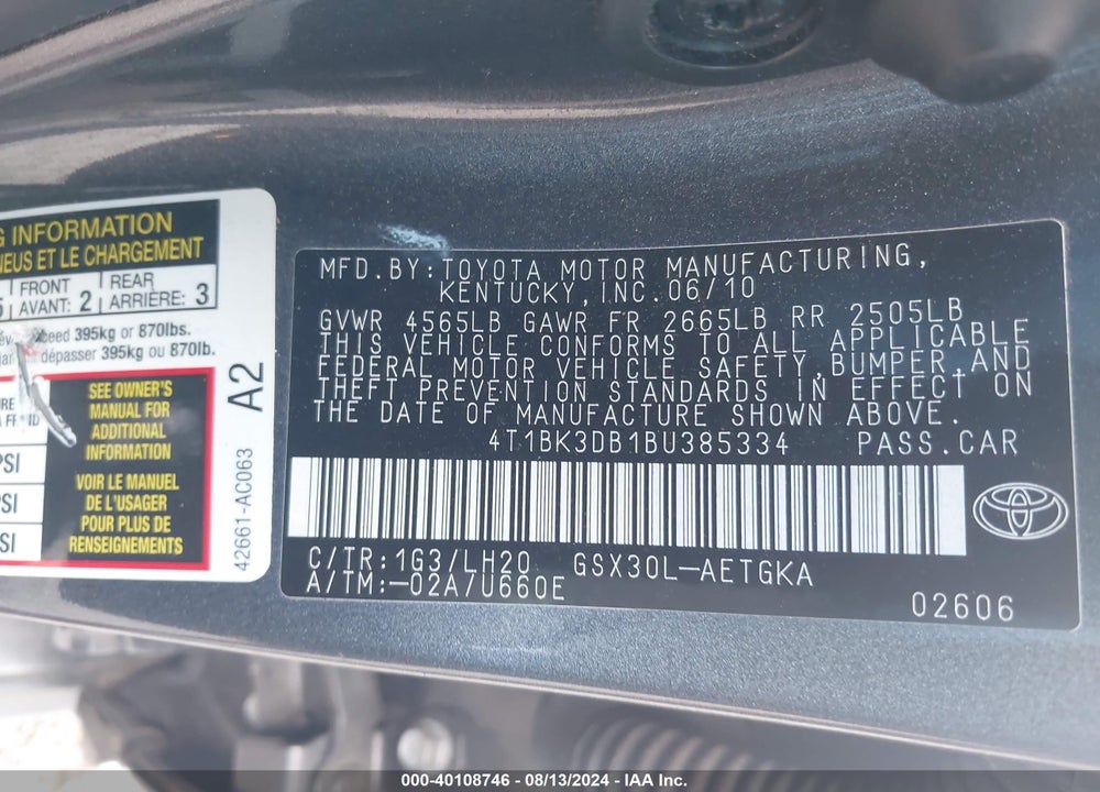 2011 TOYOTA AVALON VIN: 4T1BK3DB1BU385334