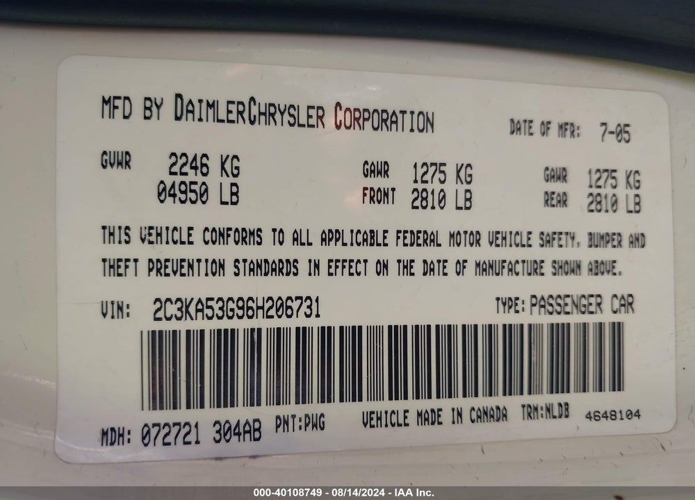 2006 CHRYSLER 300 VIN: 2C3KA53G96H206731