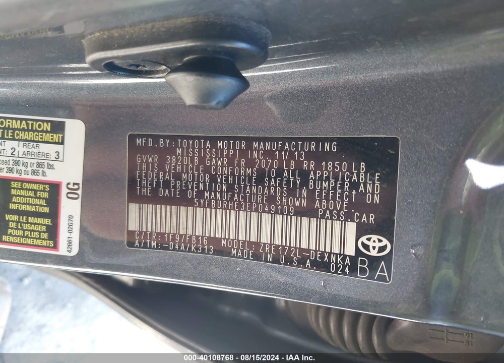 2014 TOYOTA COROLLA LE PLUS VIN: 5YFBURHE3EP049109