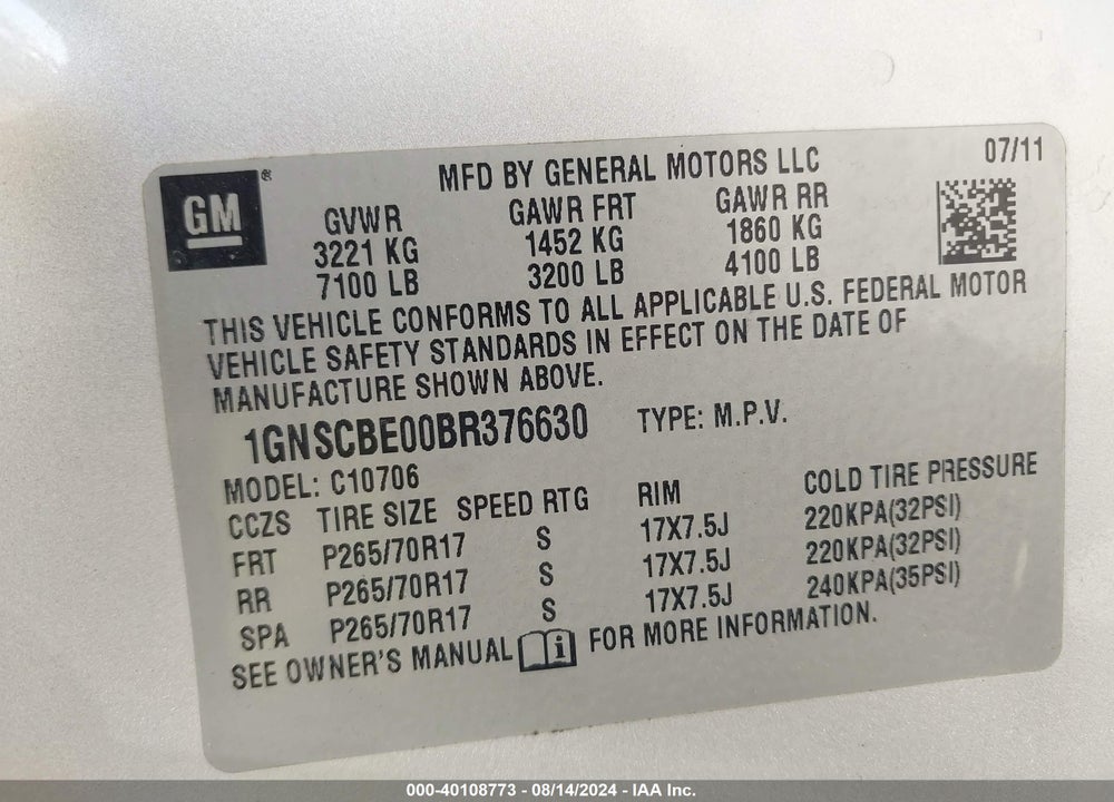 2011 CHEVROLET TAHOE LT VIN: 1GNSCBE00BR376630