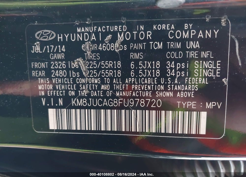 2015 HYUNDAI TUCSON LIMITED VIN: KM8JUCAG8FU978720