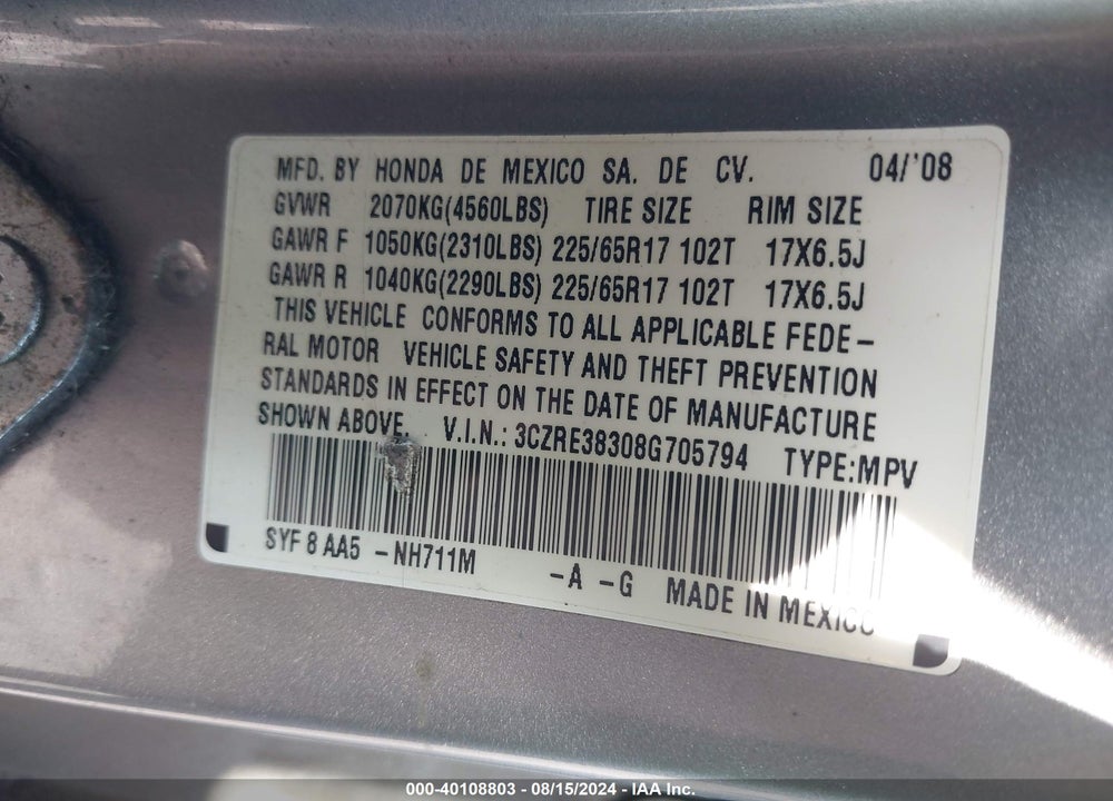 2008 HONDA CR-V LX VIN: 3CZRE38308G705794