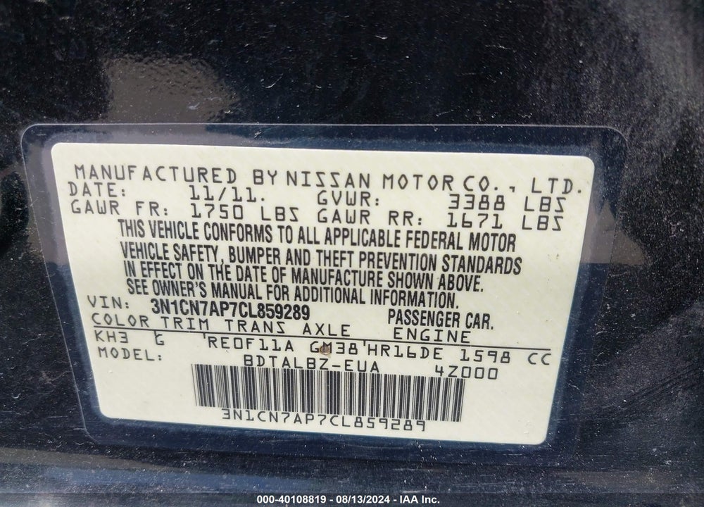 2012 NISSAN VERSA 1.6 SV VIN: 3N1CN7AP7CL859289