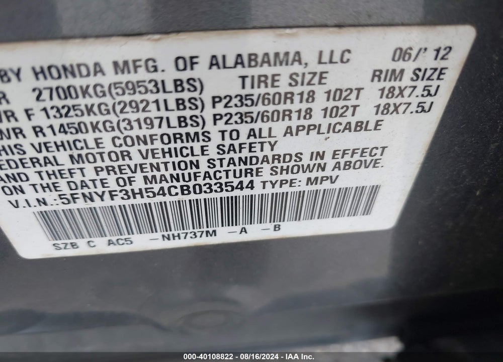 2012 HONDA PILOT EX-L VIN: 5FNYF3H54CB033544