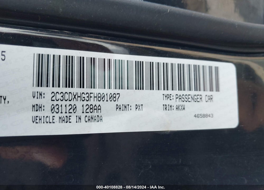 2015 DODGE CHARGER SXT VIN: 2C3CDXHG3FH801087