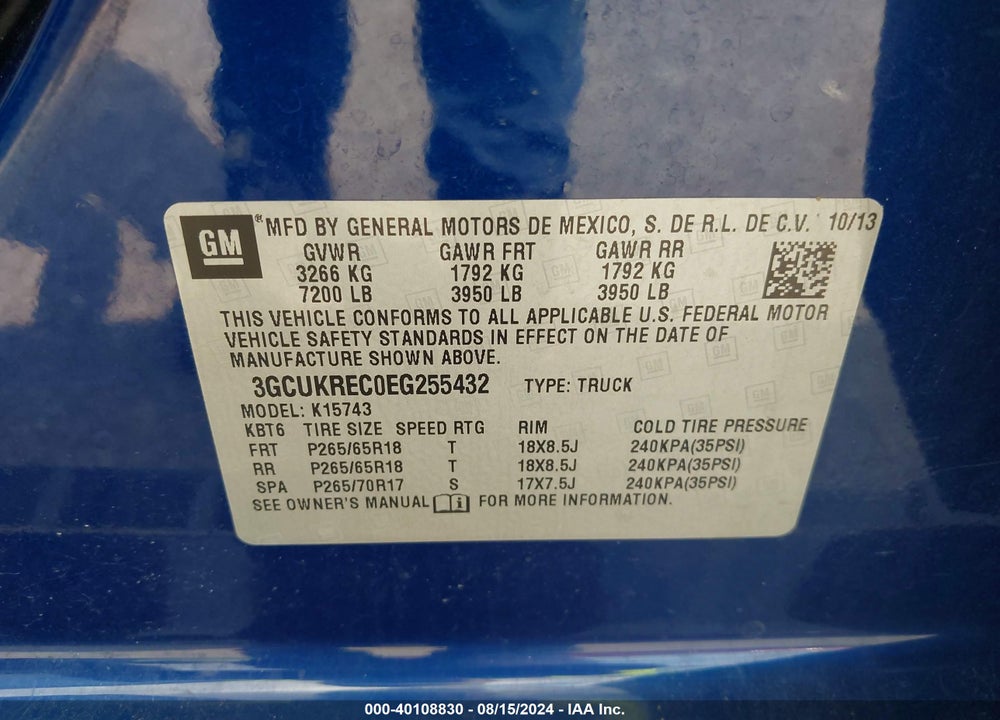 2014 CHEVROLET SILVERADO 1500 2LT VIN: 3GCUKREC0EG255432