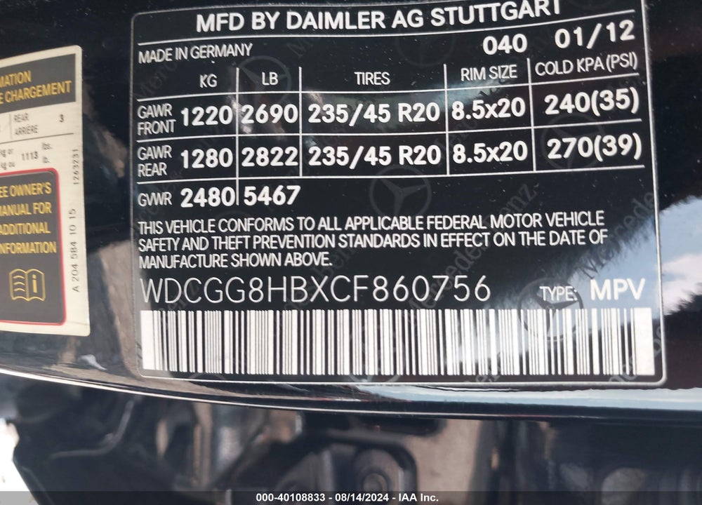 2012 MERCEDES-BENZ GLK 350 4MATIC VIN: WDCGG8HBXCF860756