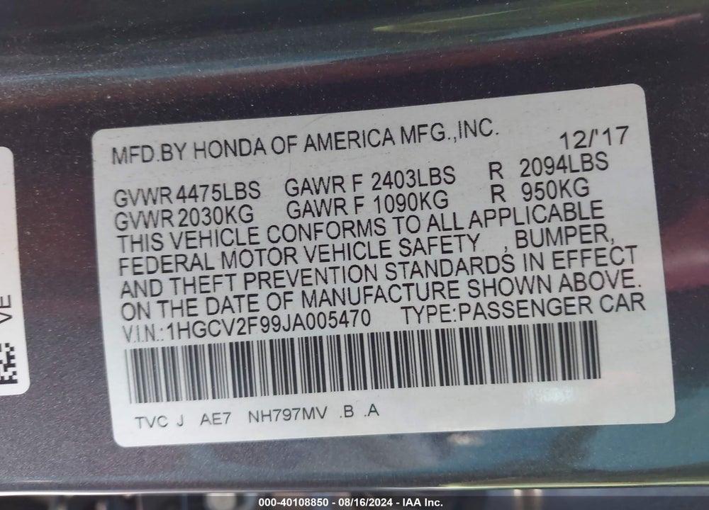 2018 HONDA ACCORD TOURING 2.0T VIN: 1HGCV2F99JA005470