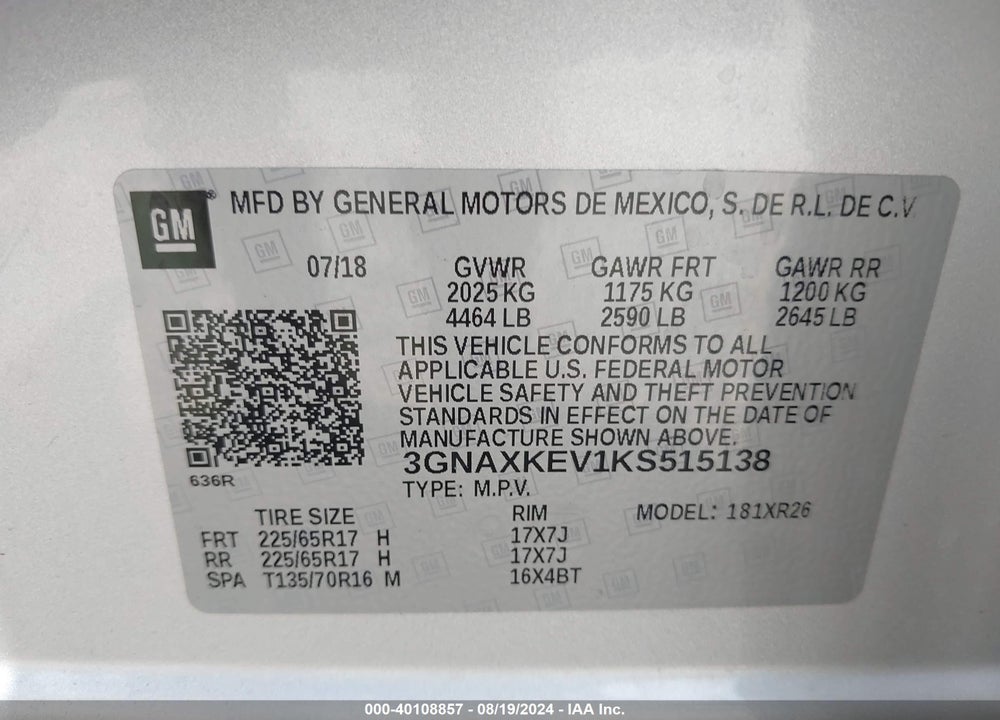2019 CHEVROLET EQUINOX VIN: 3GNAXKEV1KS515138