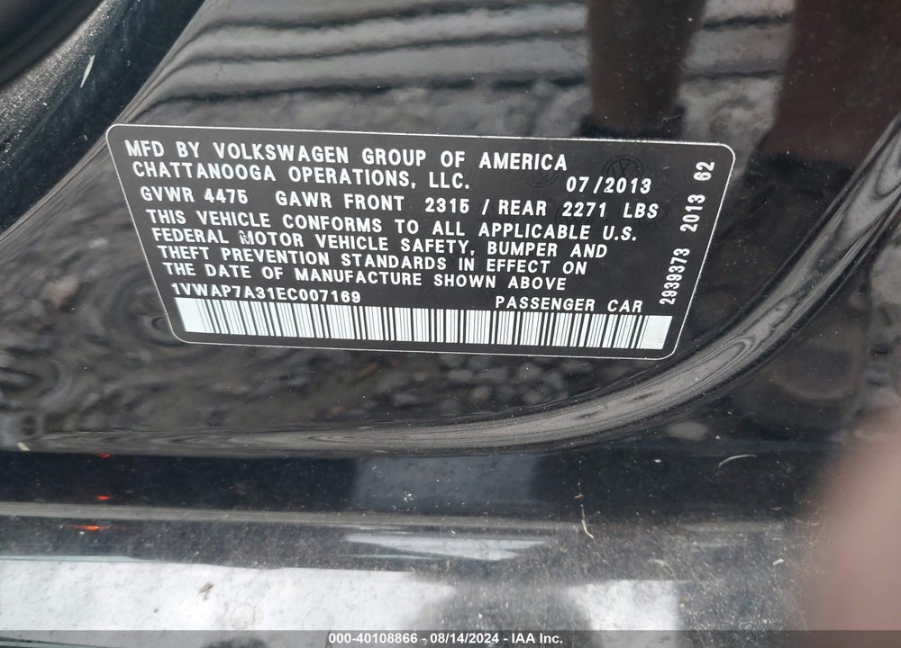 2014 VOLKSWAGEN PASSAT 2.5L WOLFSBURG EDITION VIN: 1VWAP7A31EC007169