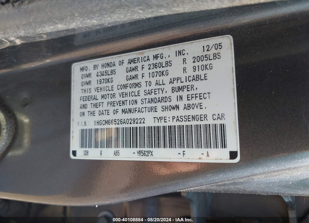 2006 HONDA ACCORD VIN: 1HGCM66526A029222