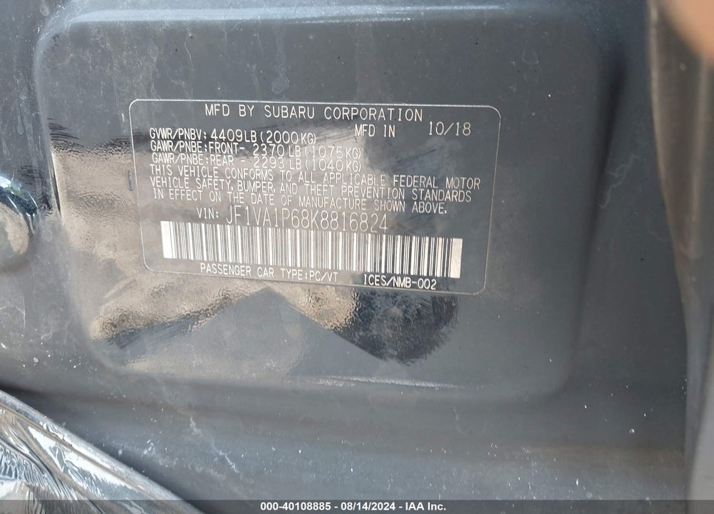 2019 SUBARU WRX LIMITED VIN: JF1VA1P68K8816824