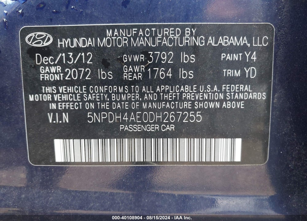 2013 HYUNDAI ELANTRA GLS VIN: 5NPDH4AE0DH267255