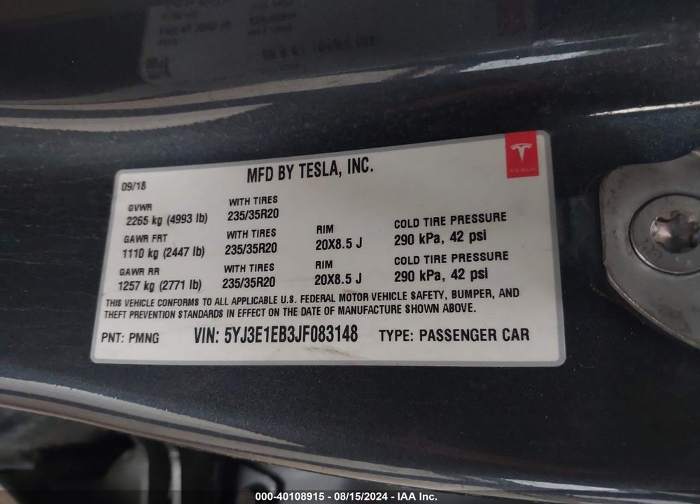 2018 TESLA MODEL 3 LONG RANGE/PERFORMANCE VIN: 5YJ3E1EB3JF083148