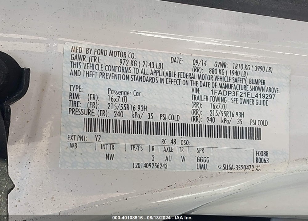 2014 FORD FOCUS SE VIN: 1FADP3F21EL419297