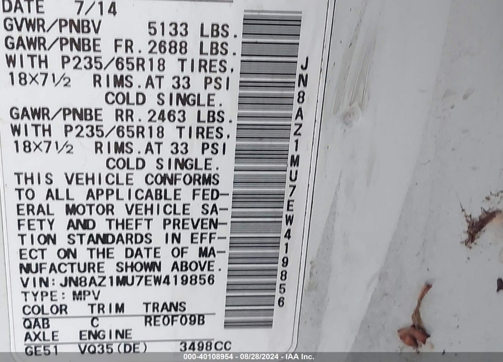 2014 NISSAN MURANO SL VIN: JN8AZ1MU7EW419856
