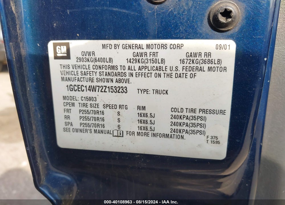 2002 CHEVROLET SILVERADO 1500 VIN: 1GCEC14W72Z153233