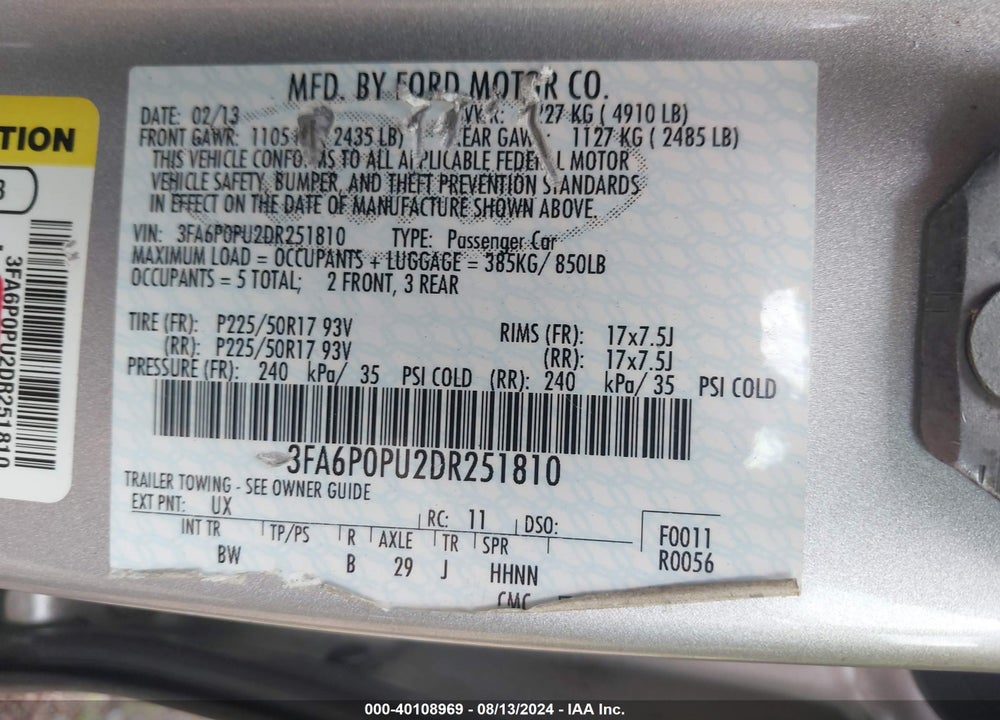 2013 FORD FUSION ENERGI SE LUXURY VIN: 3FA6P0PU2DR251810
