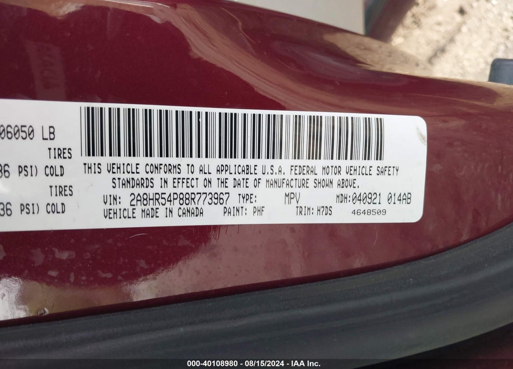 2008 CHRYSLER TOWN & COUNTRY TOURING VIN: 2A8HR54P88R773967