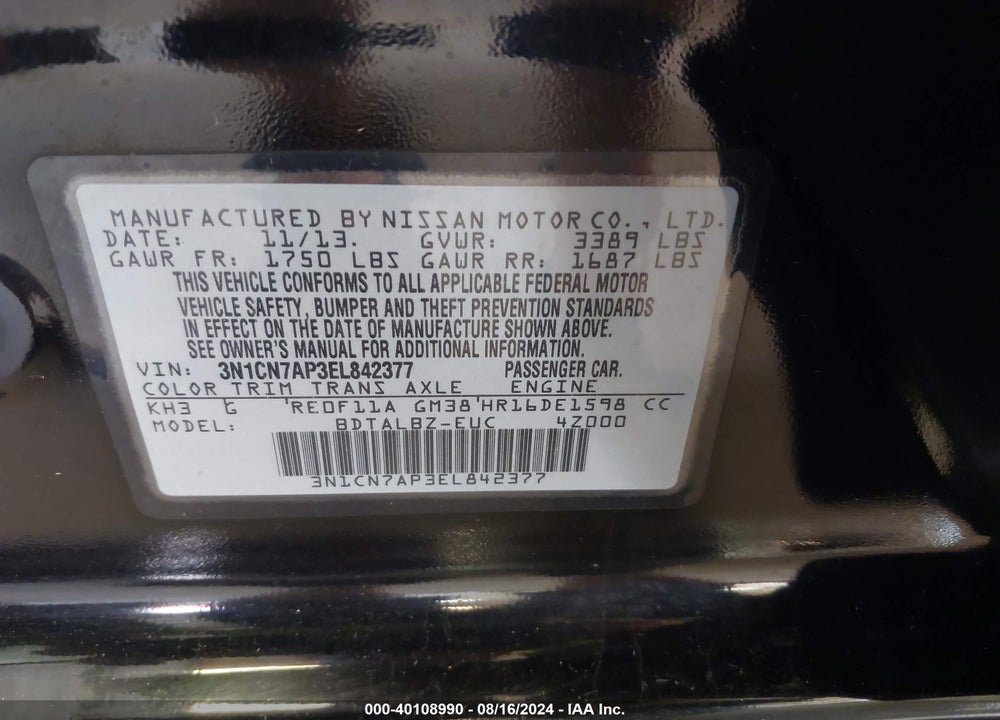2014 NISSAN VERSA 1.6 SV VIN: 3N1CN7AP3EL842377
