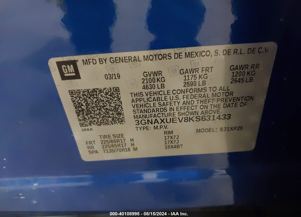 2019 CHEVROLET EQUINOX LT VIN: 3GNAXUEV8KS631433