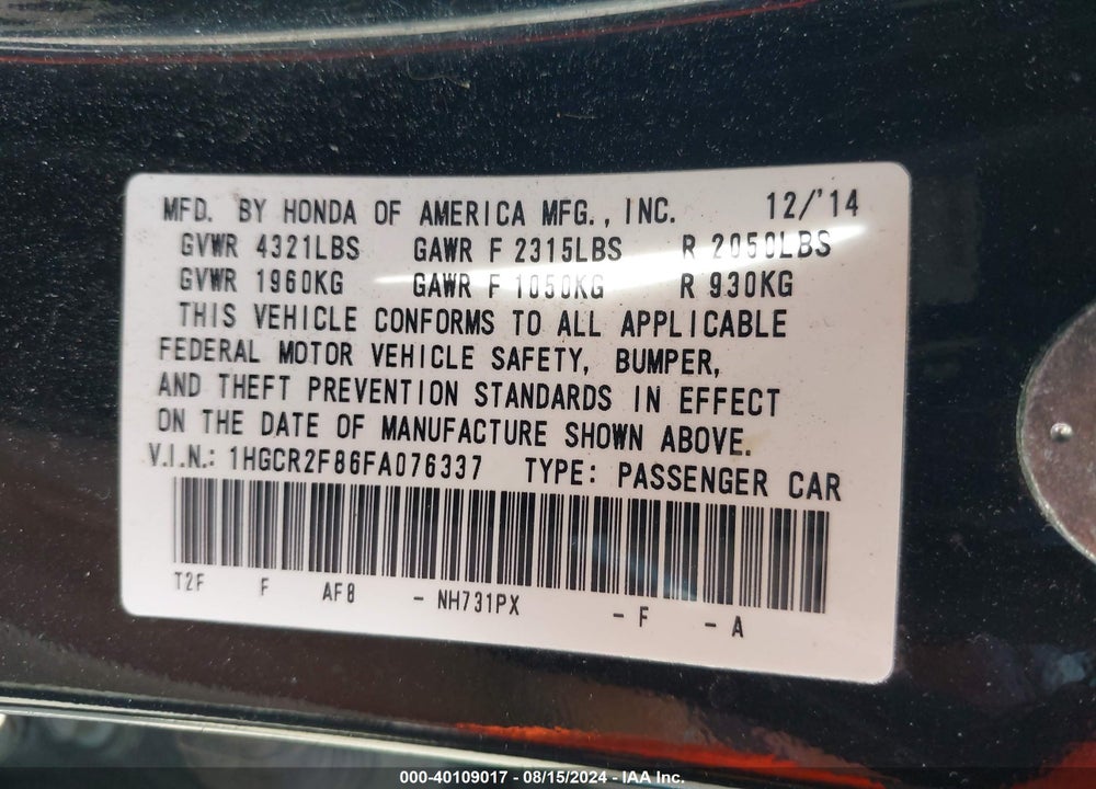 2015 HONDA ACCORD EX-L VIN: 1HGCR2F86FA076337