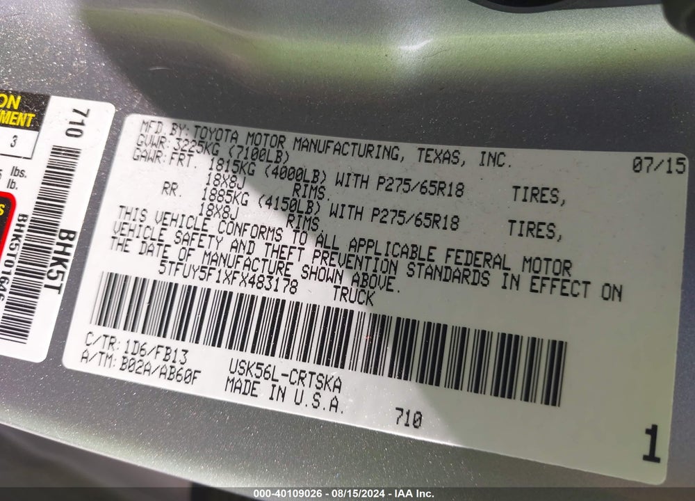 2015 TOYOTA TUNDRA SR5 5.7L V8 VIN: 5TFUY5F1XFX483178