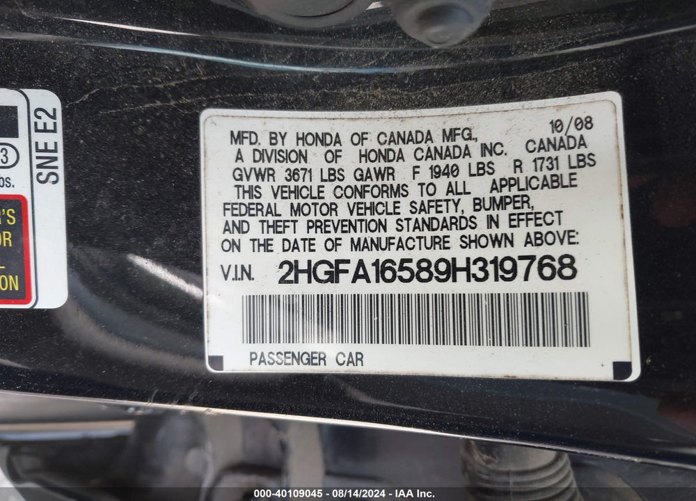 2009 HONDA CIVIC LX VIN: 2HGFA16589H319768