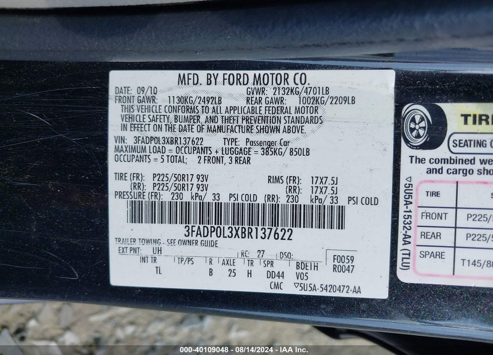 2011 FORD FUSION HYBRID VIN: 3FADP0L3XBR137622