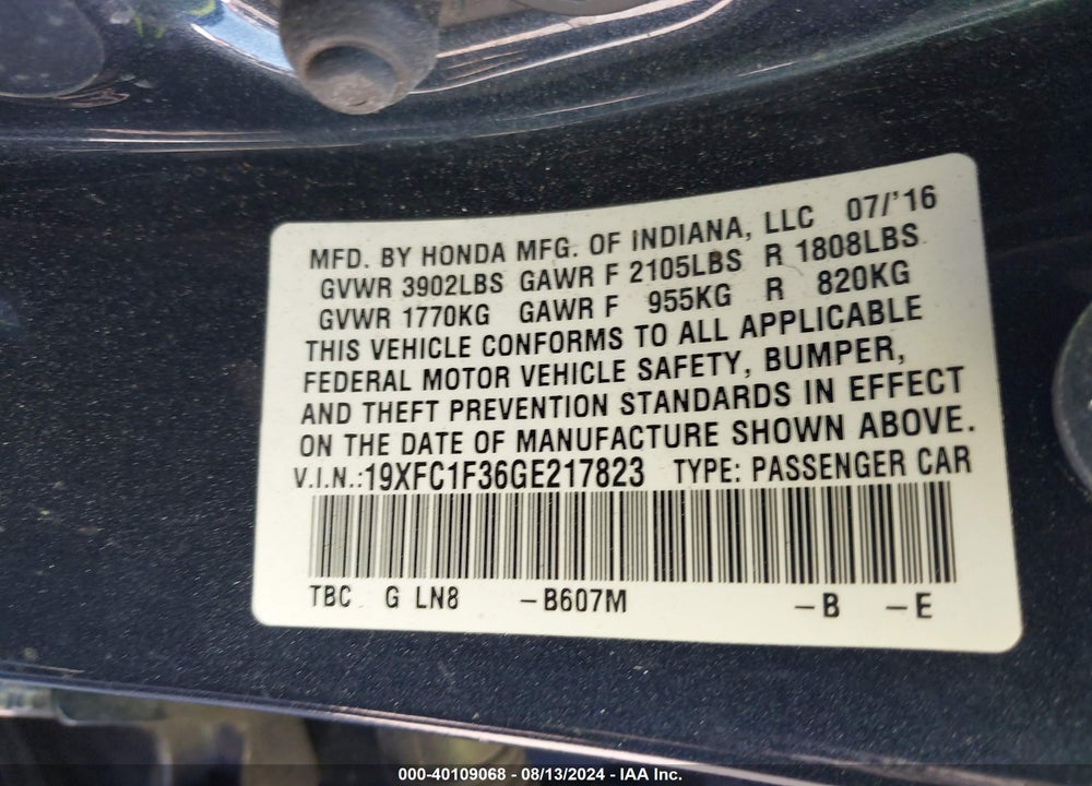 2016 HONDA CIVIC EX-T VIN: 19XFC1F36GE217823
