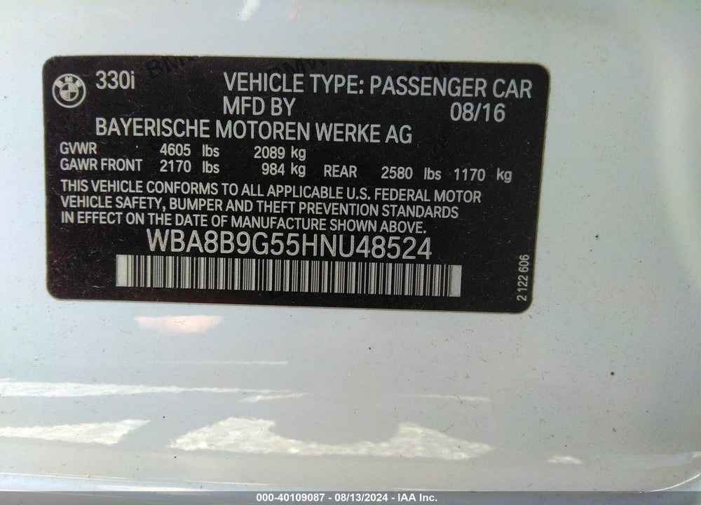 2017 BMW 330I VIN: WBA8B9G55HNU48524