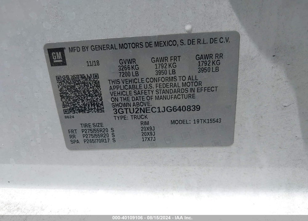 2018 GMC SIERRA 1500 SLT VIN: 3GTU2NEC1JG640839