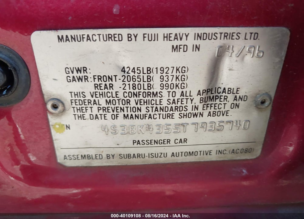 1996 SUBARU LEGACY L VIN: 4S3BK4355T7935740