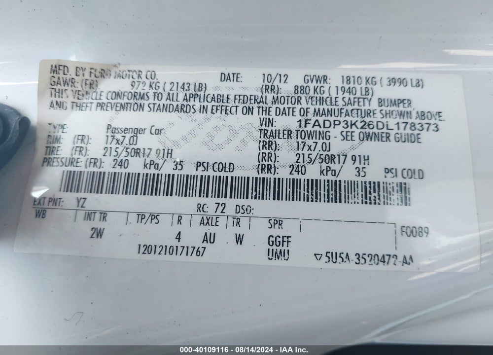 2013 FORD FOCUS SE VIN: 1FADP3K26DL178373
