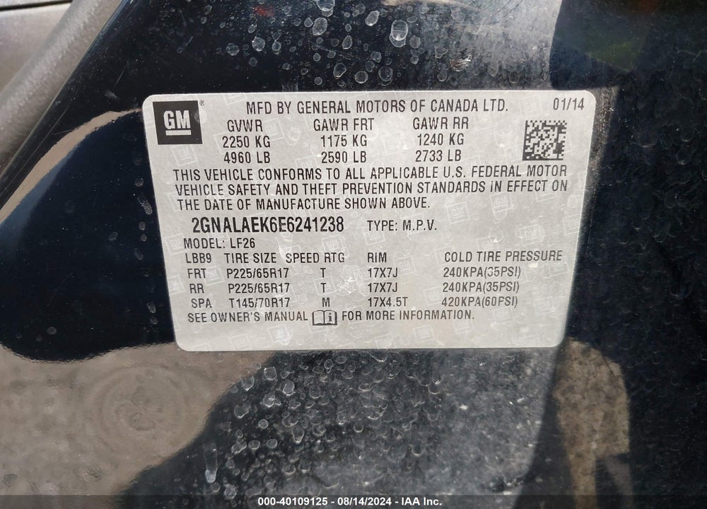 2014 CHEVROLET EQUINOX LS VIN: 2GNALAEK6E6241238